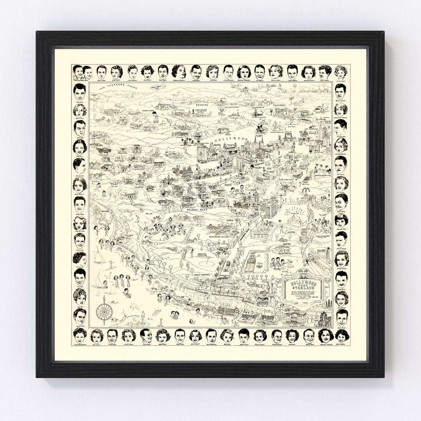 vintage map of Los Angeles movie stars, 1937, restored print wall art