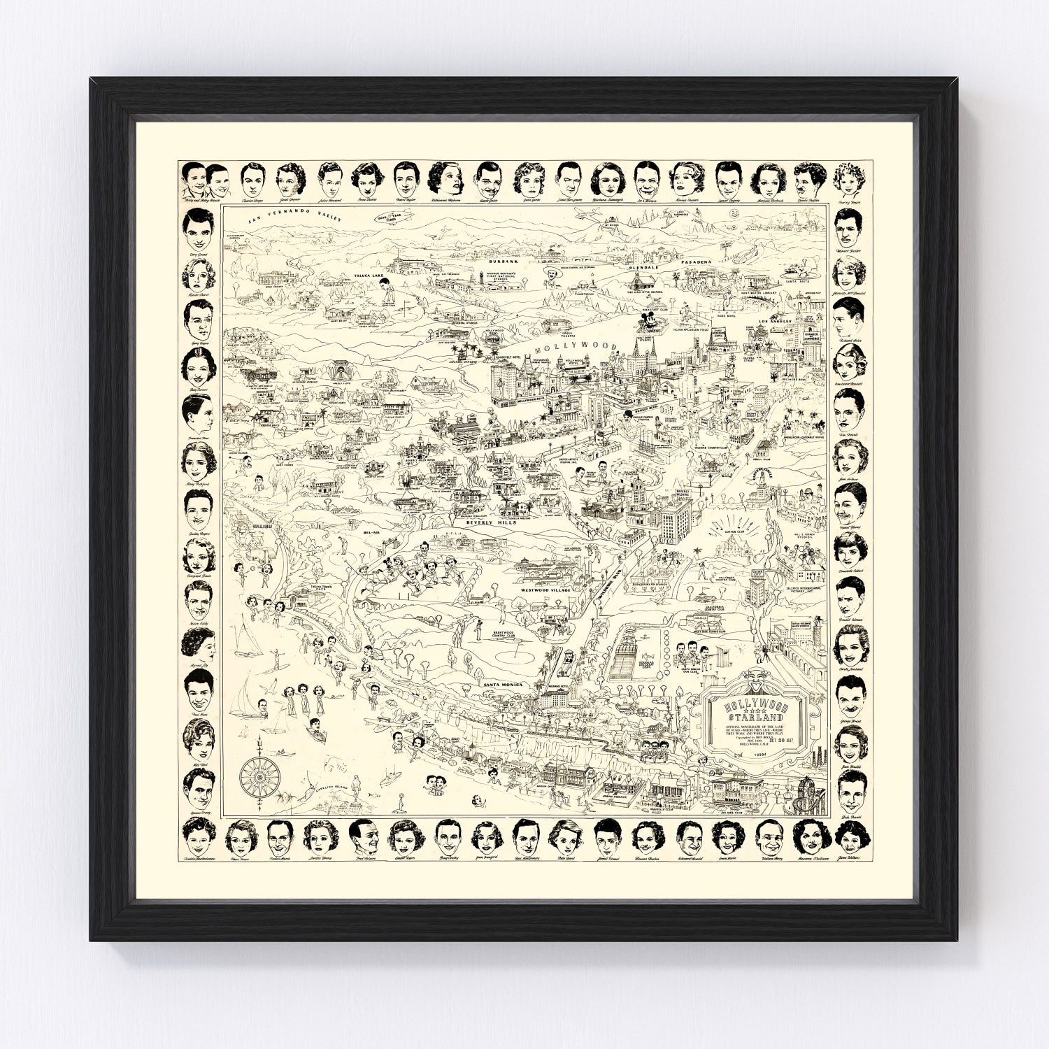 vintage map of Los Angeles movie stars, 1937, restored print wall art