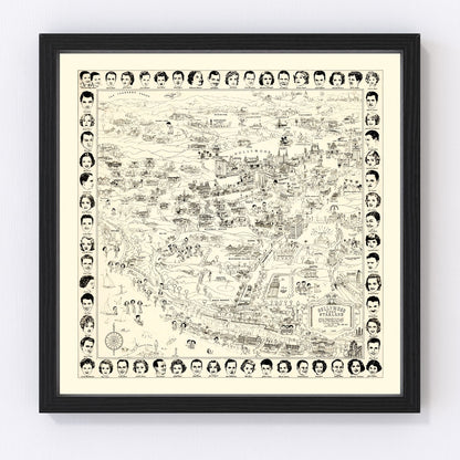vintage map of Los Angeles movie stars, 1937, restored print wall art
