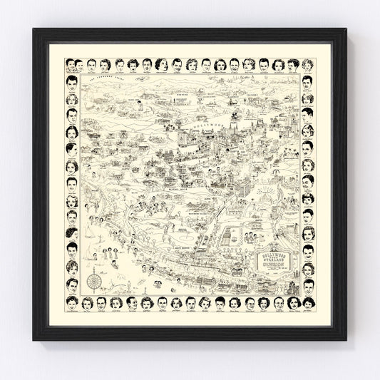 vintage map of Los Angeles movie stars, 1937, restored print wall art