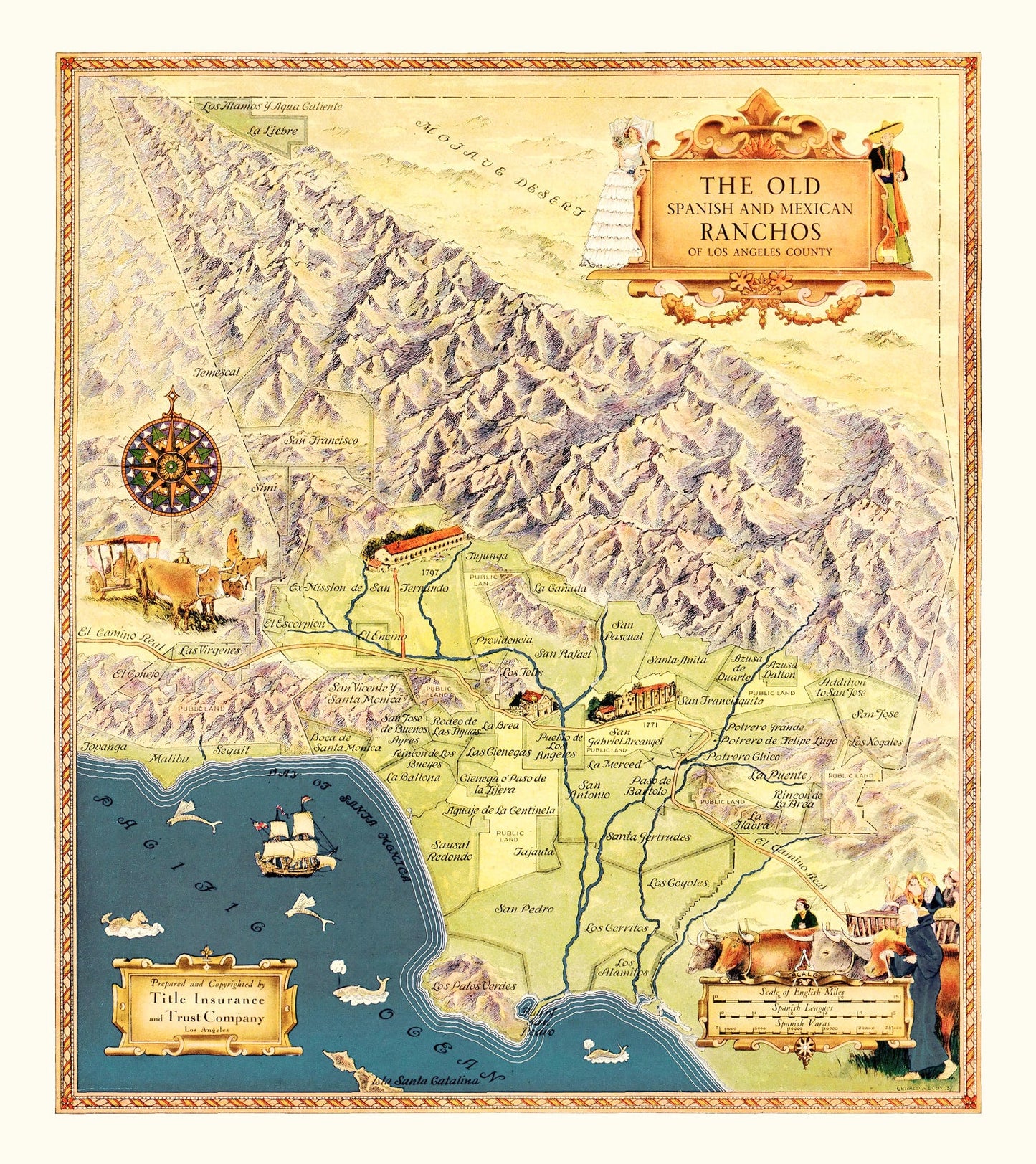 Vintage Map of Los Angeles County, California, 1937