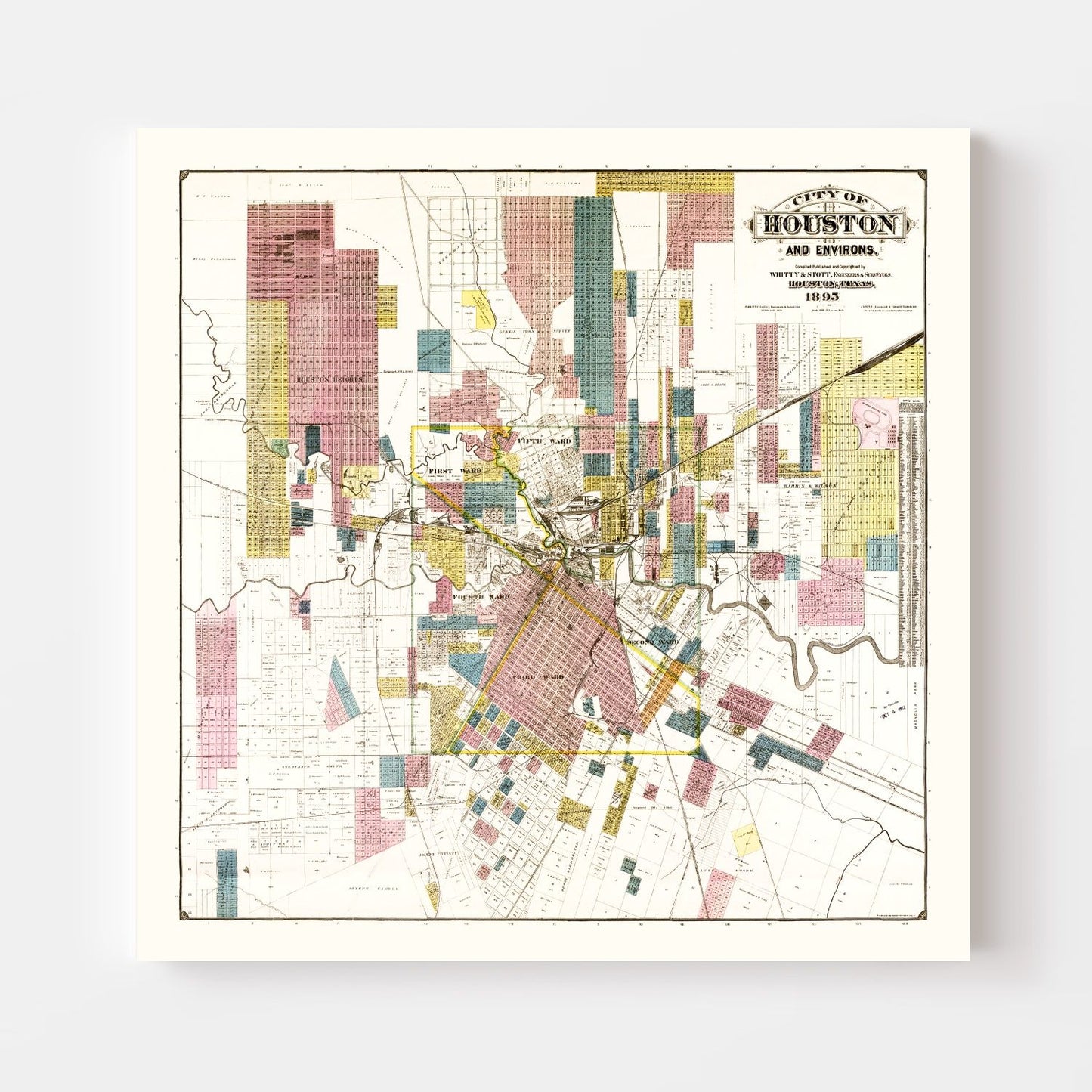 Vintage Map of Houston, Harris County, Texas, 1895