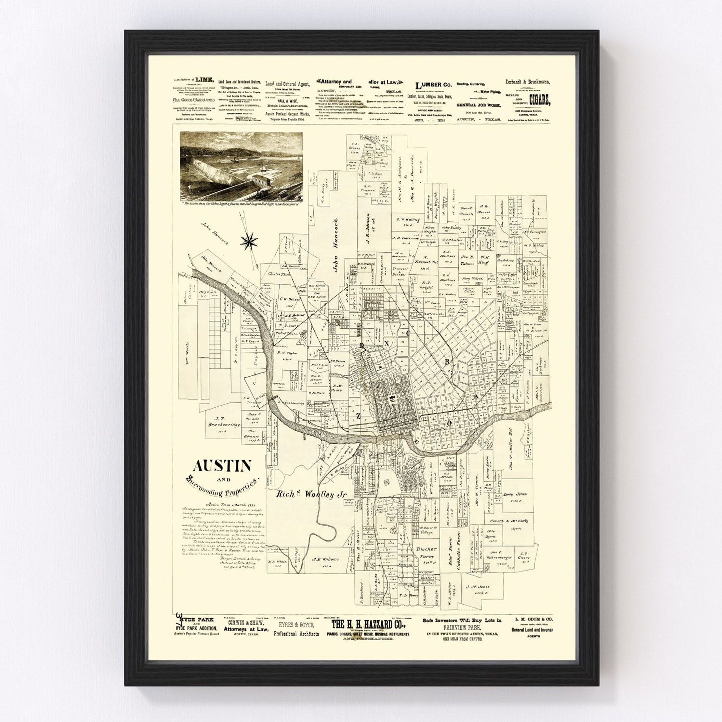Vintage map of Austin, Texas, 1891, Travis County restored print