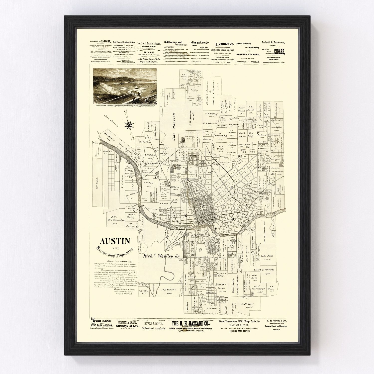 Vintage map of Austin, Texas, 1891, Travis County restored print