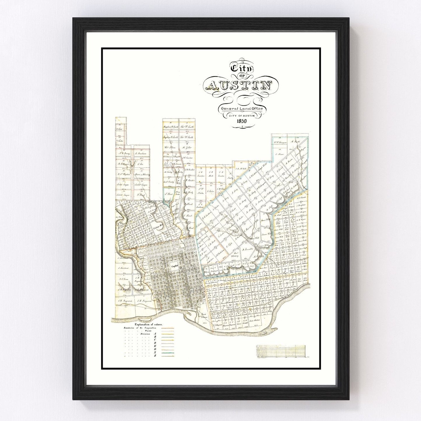 Vintage map of Austin, Texas, 1850, earliest Travis County survey restored print