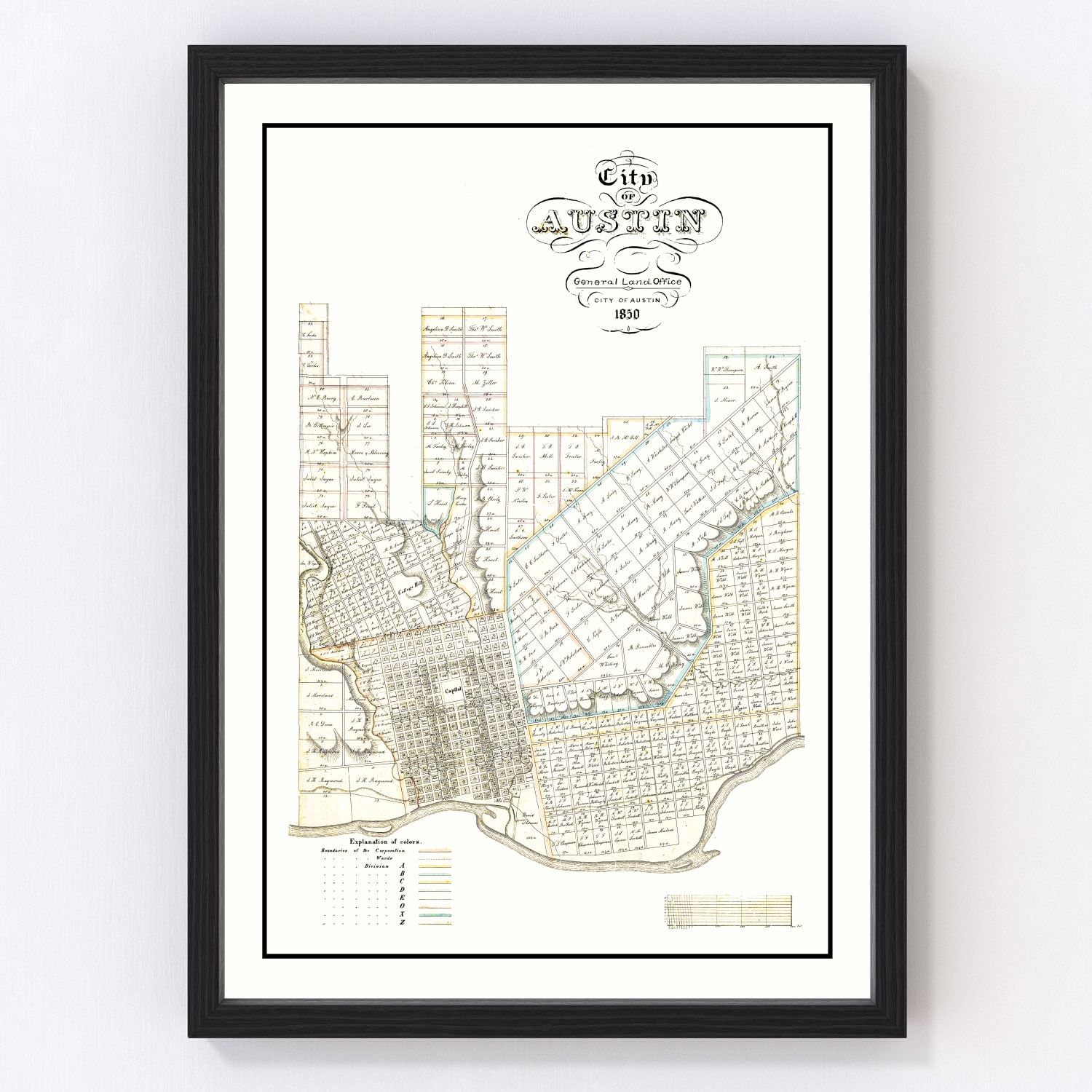 Vintage map of Austin, Texas, 1850, earliest Travis County survey restored print