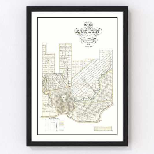Vintage map of Austin, Texas, 1850, earliest Travis County survey restored print