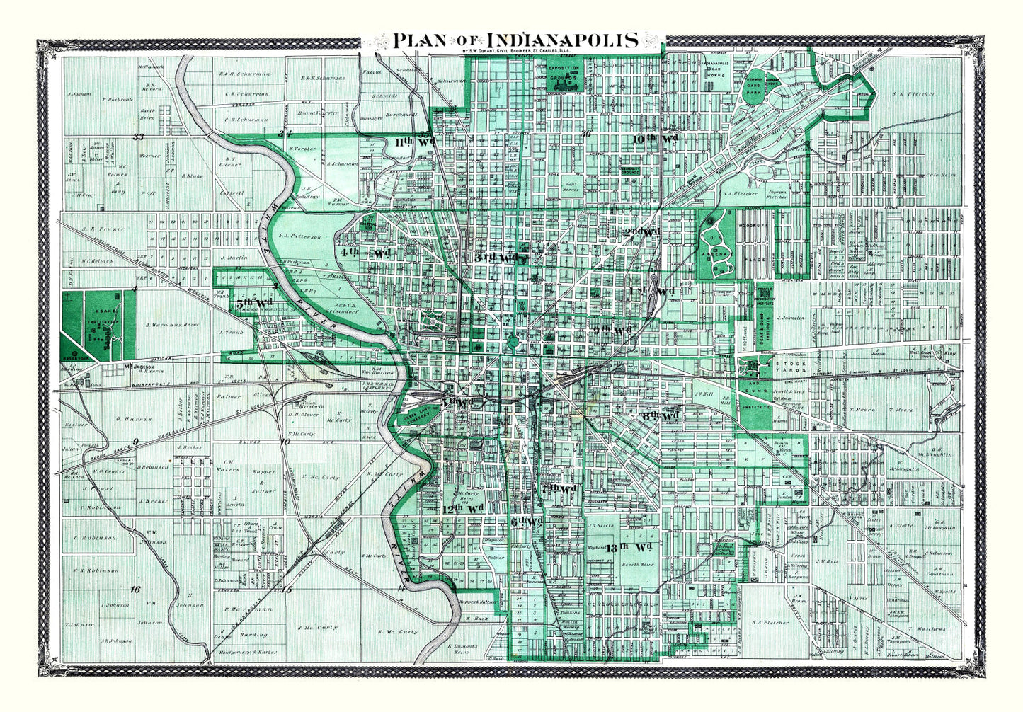 Vintage Map of Indianapolis, Indiana, 1876 (II)