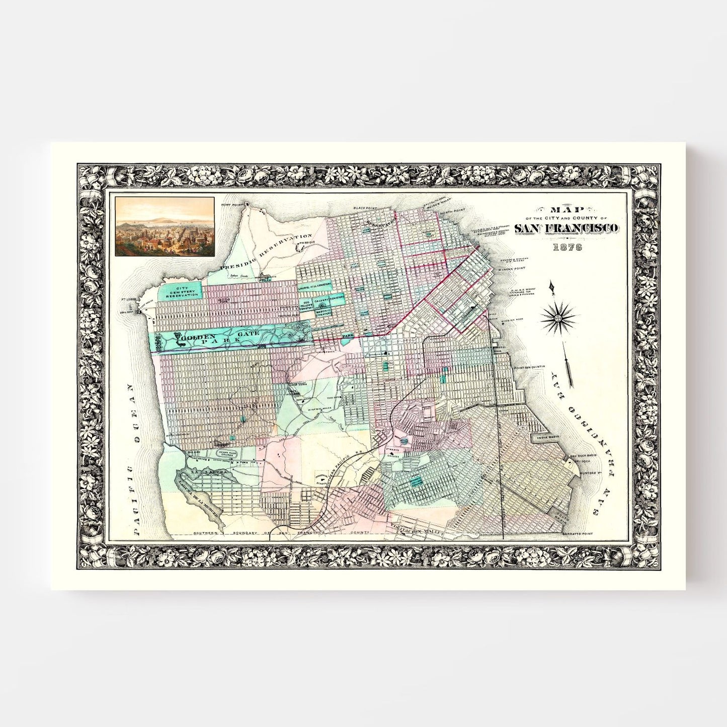 Vintage Map of San Francisco, California, 1876