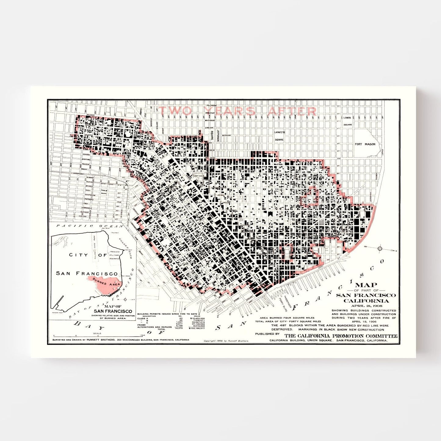 Vintage Map of San Francisco, California, 1908