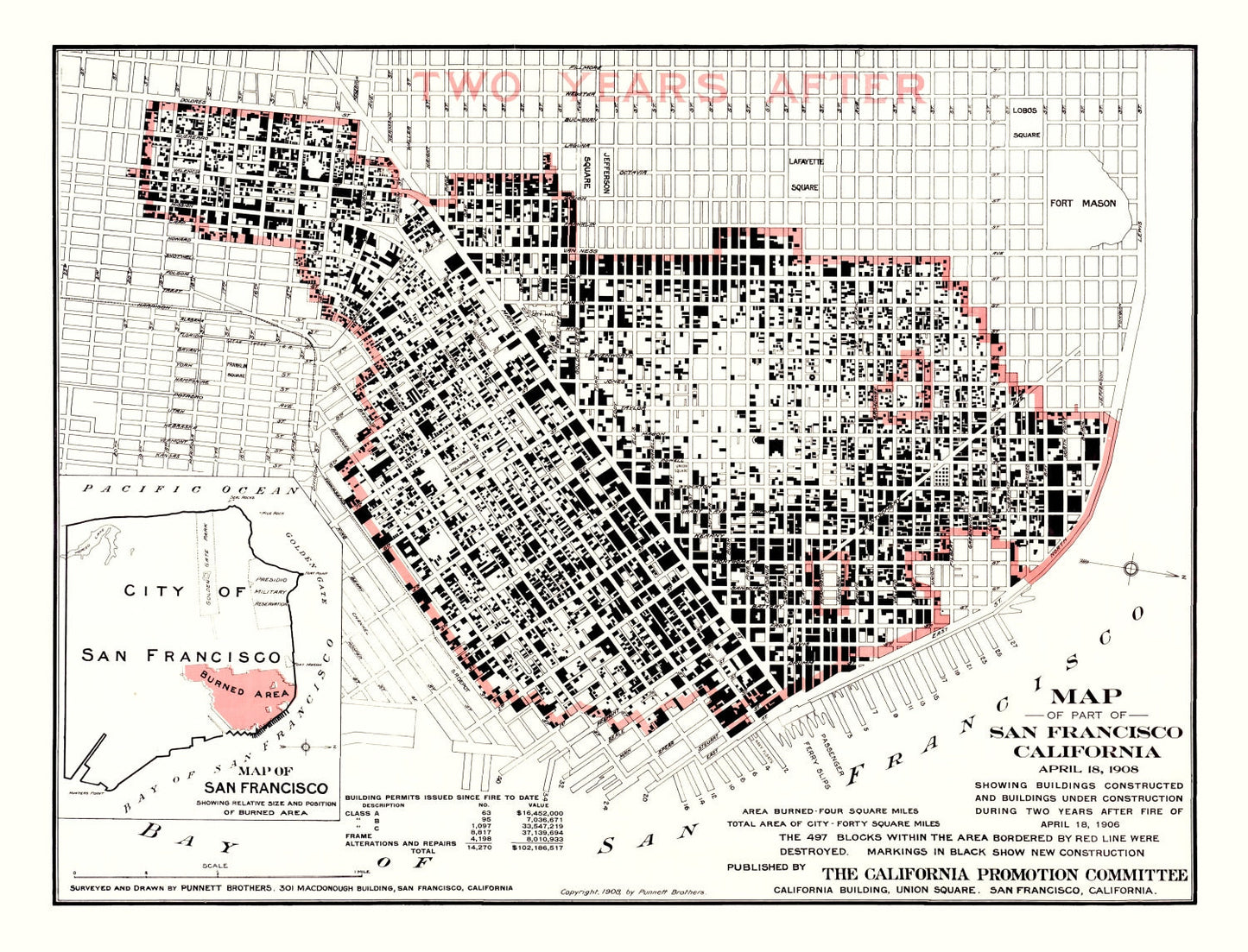 Vintage Map of San Francisco, California, 1908