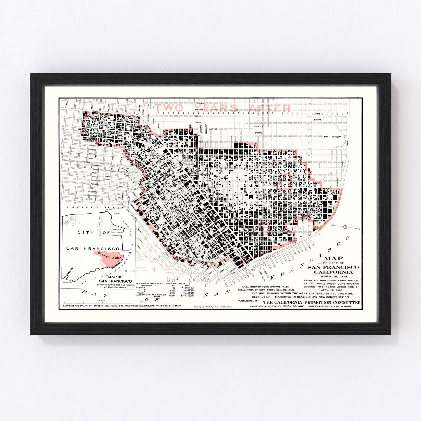 vintage map of San Francisco, California, 1908 post-fire