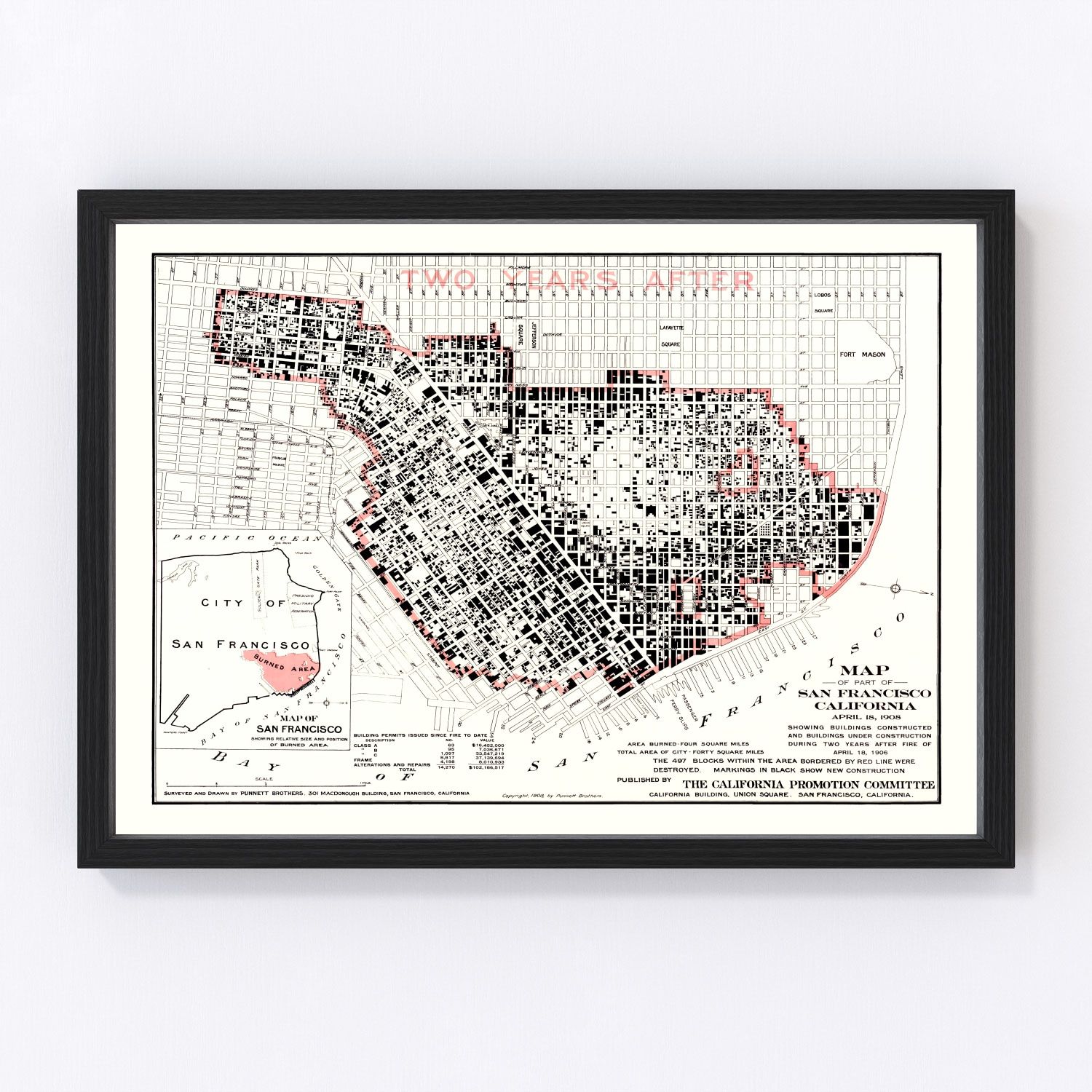 vintage map of San Francisco, California, 1908 post-fire
