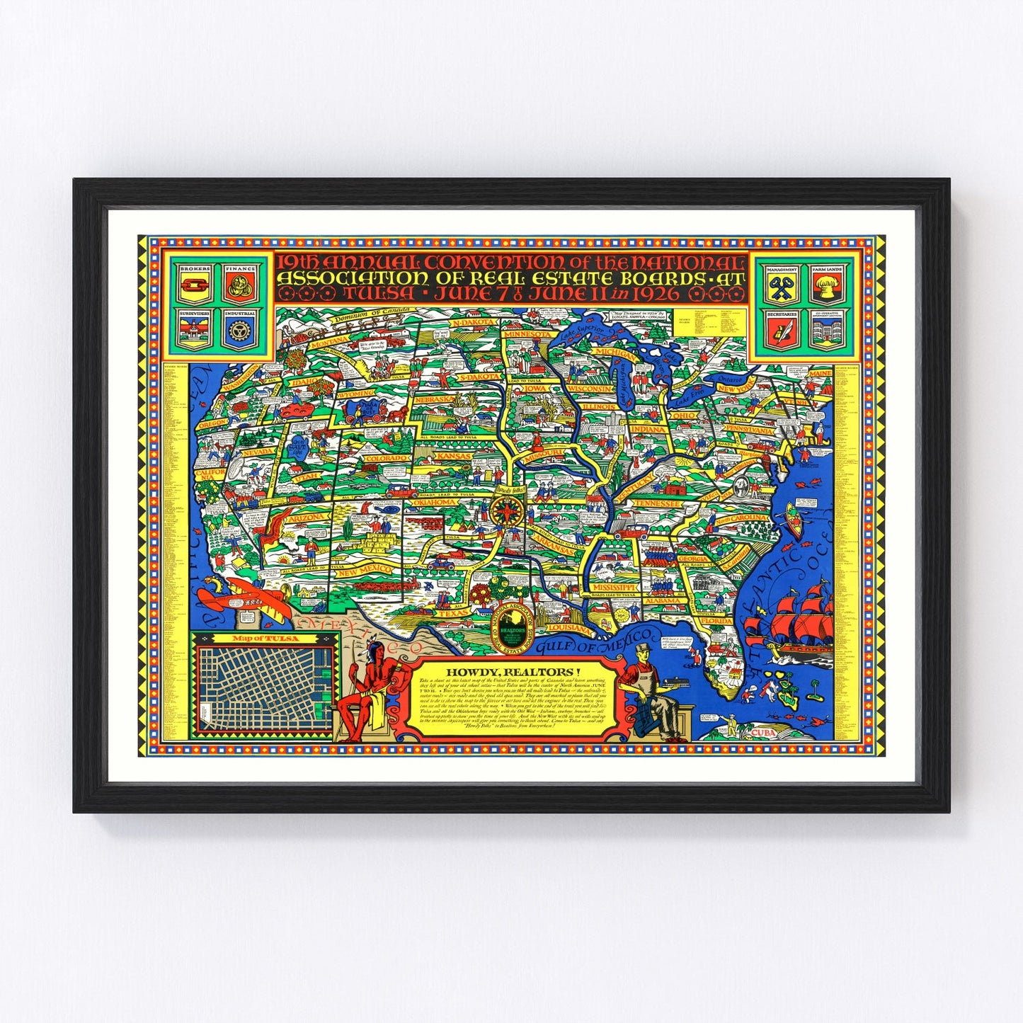 National Association of Real Estate Boards US map, 1926, vintage restored print