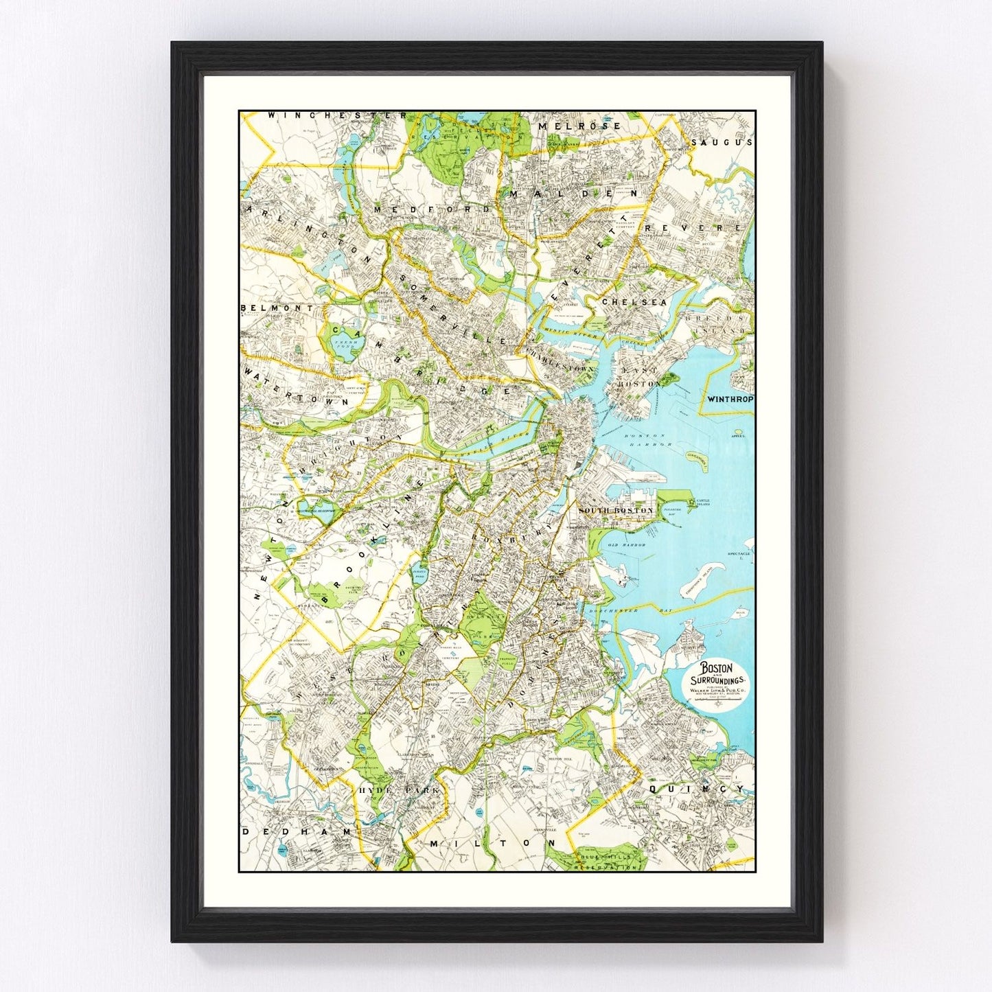 Vintage map of Boston Massachusetts 1927, digitally restored print