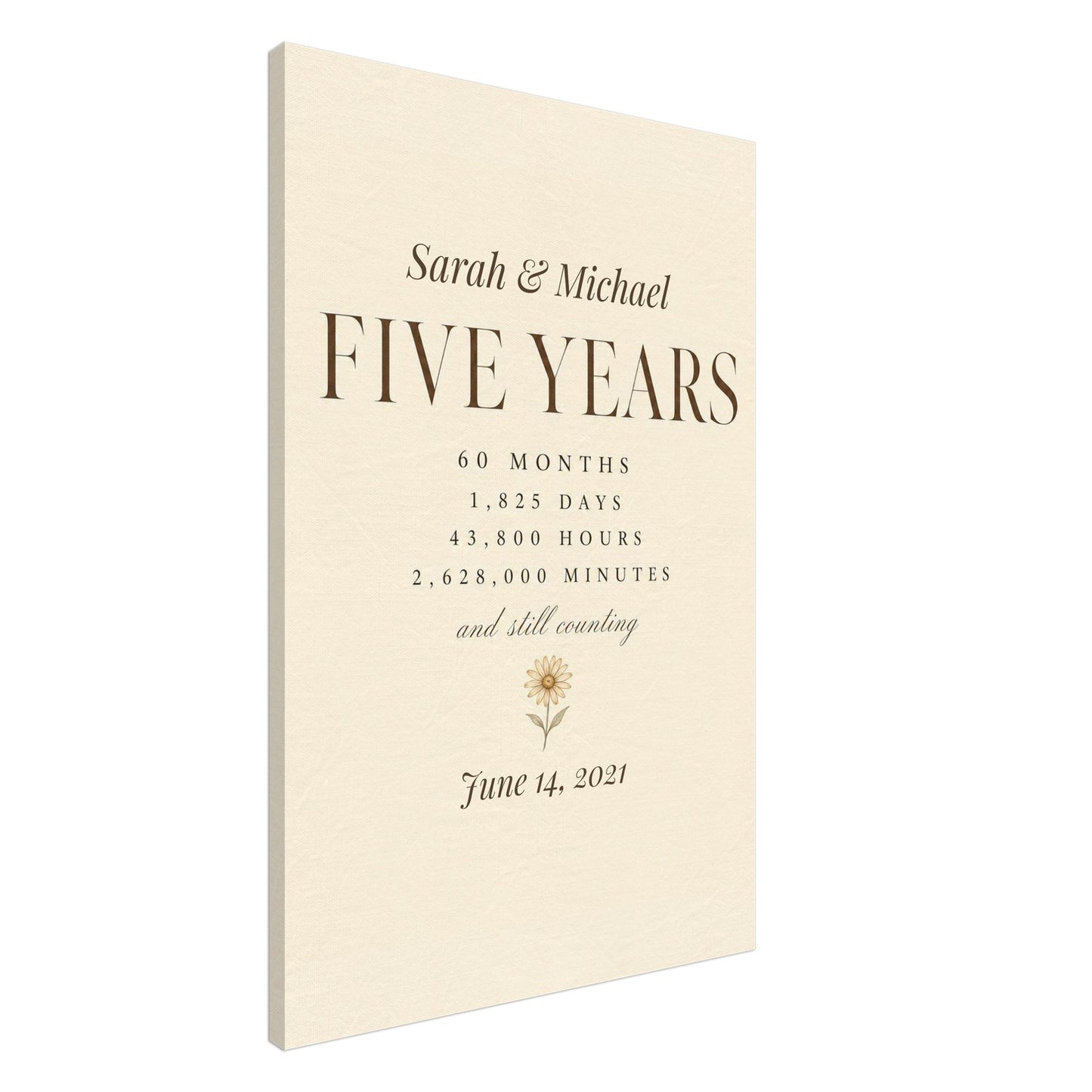 Personalized 5 Year Anniversary Canvas, gallery-wrapped edge detail