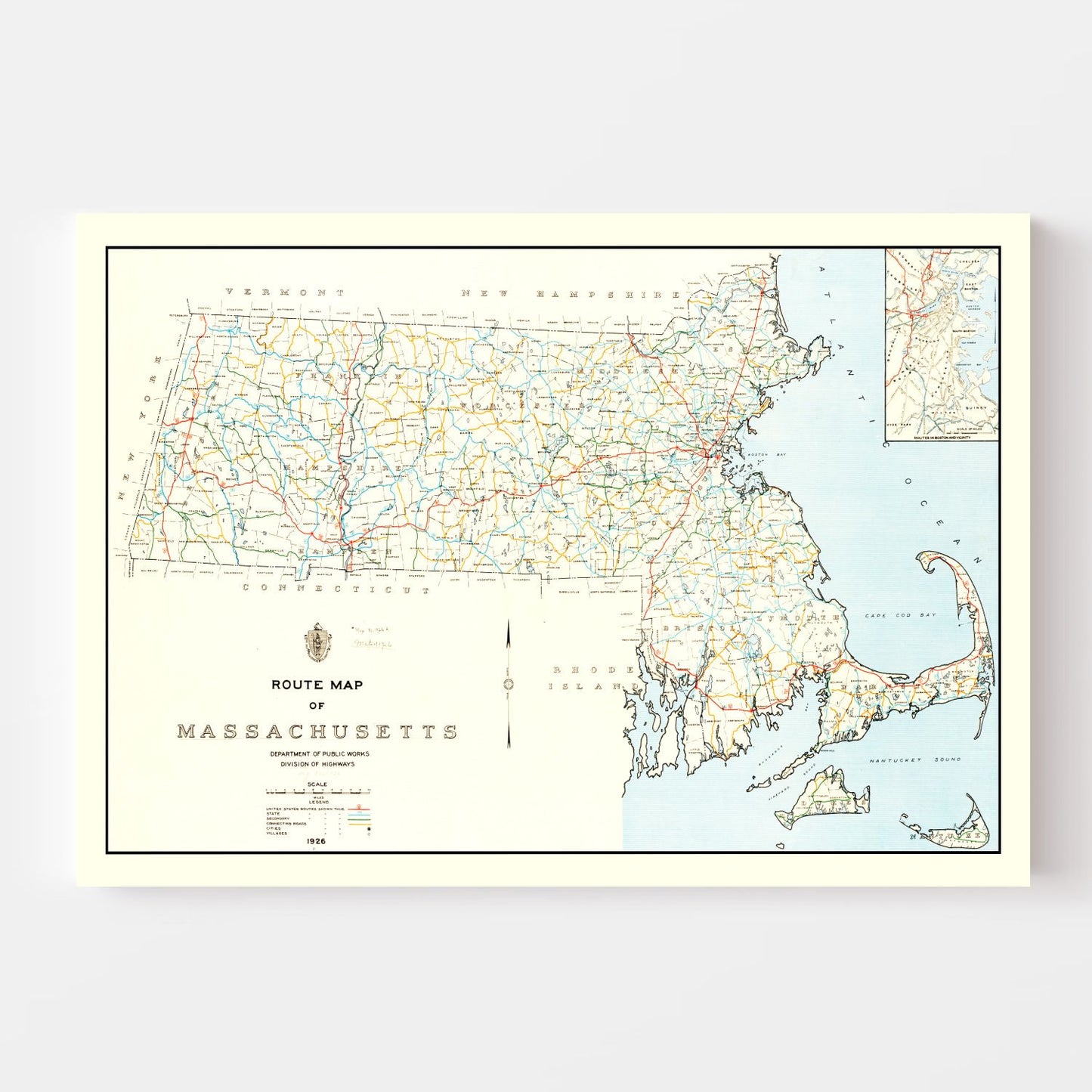 Vintage Map of Massachusetts, 1926