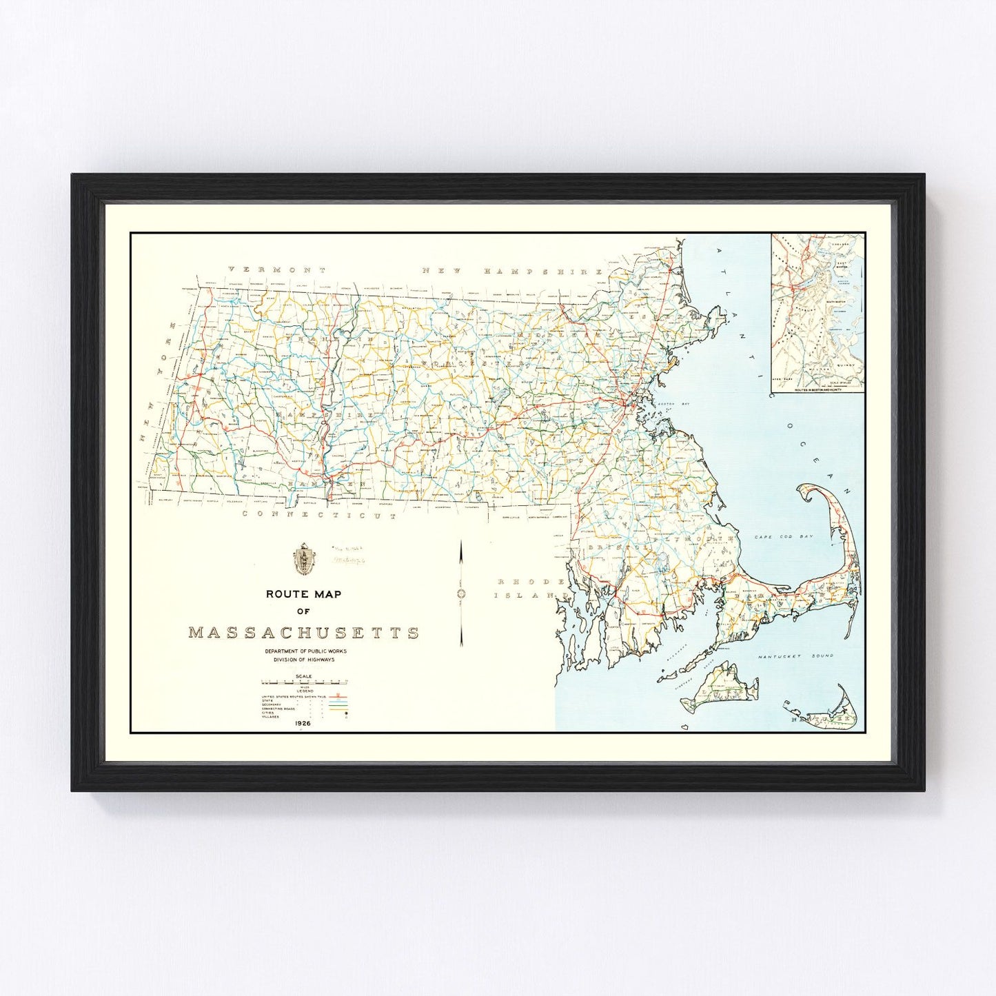 Vintage map of Massachusetts, 1926
