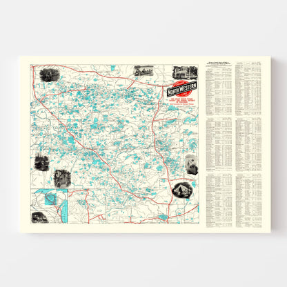 Vintage Map of Wisconsin North Woods Lakes, 1922