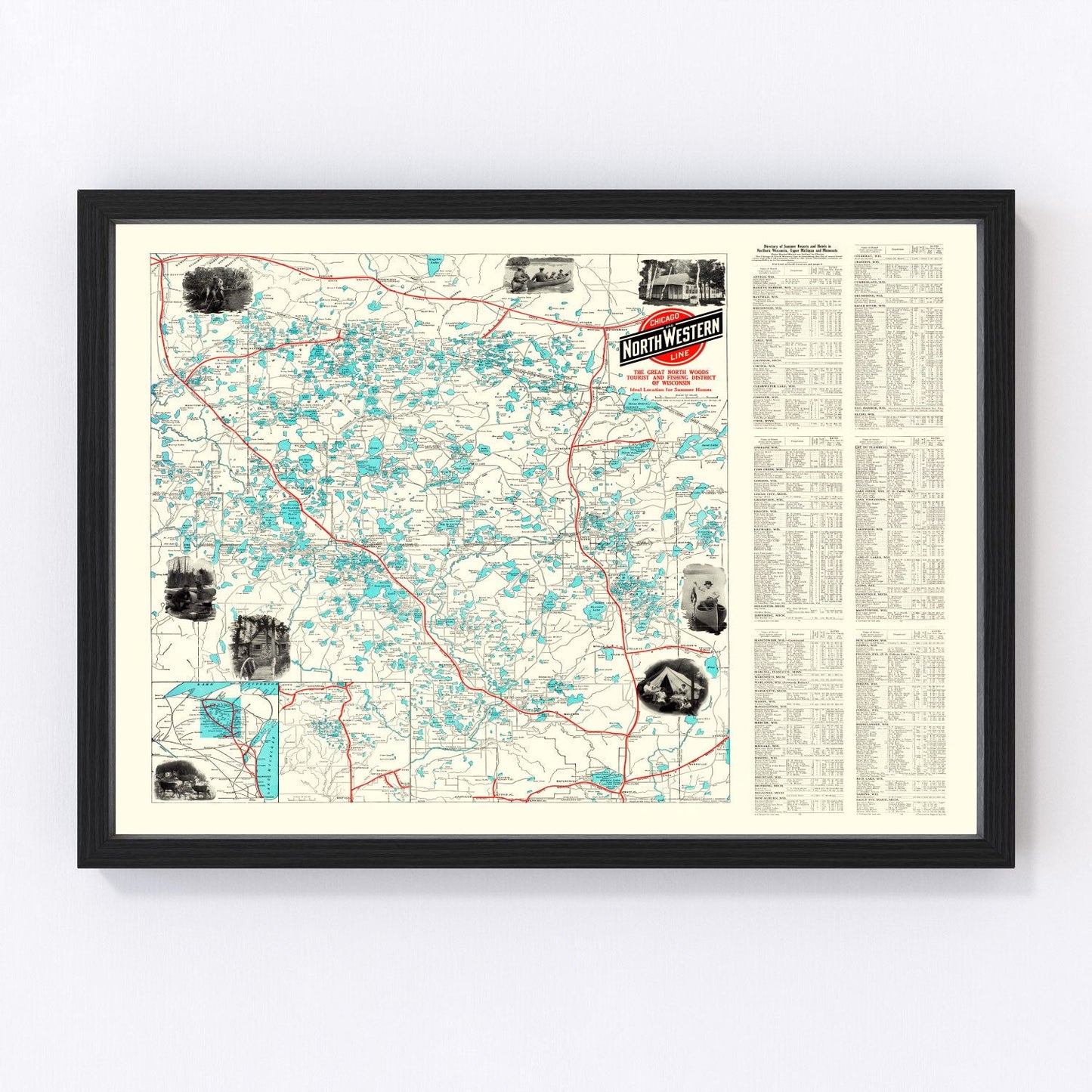 Vintage map of Wisconsin North Woods Lakes, 1922, lake country restored