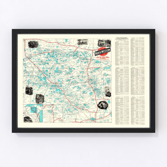 Vintage map of Wisconsin North Woods Lakes, 1922, lake country restored