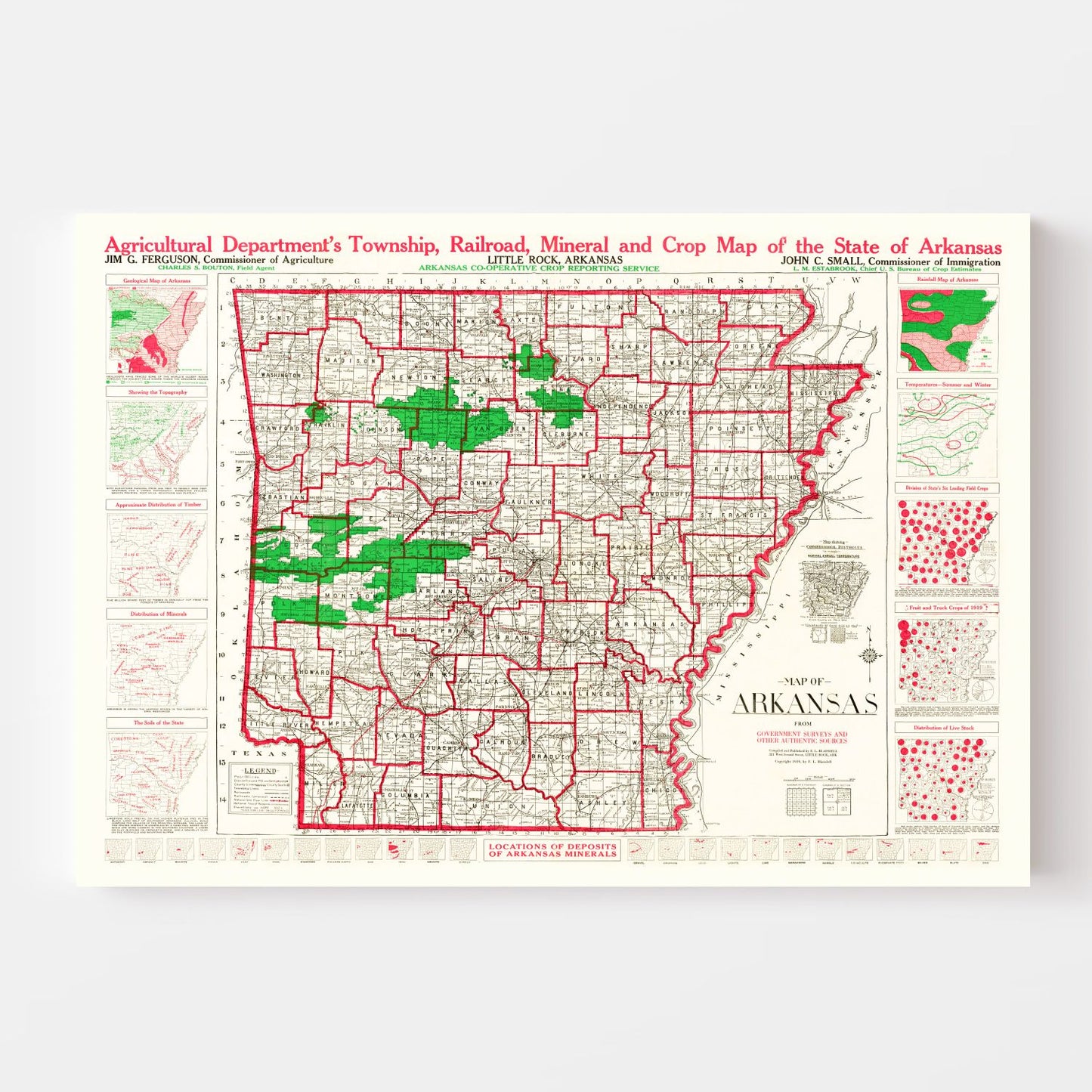 Vintage Map of Arkansas, 1919