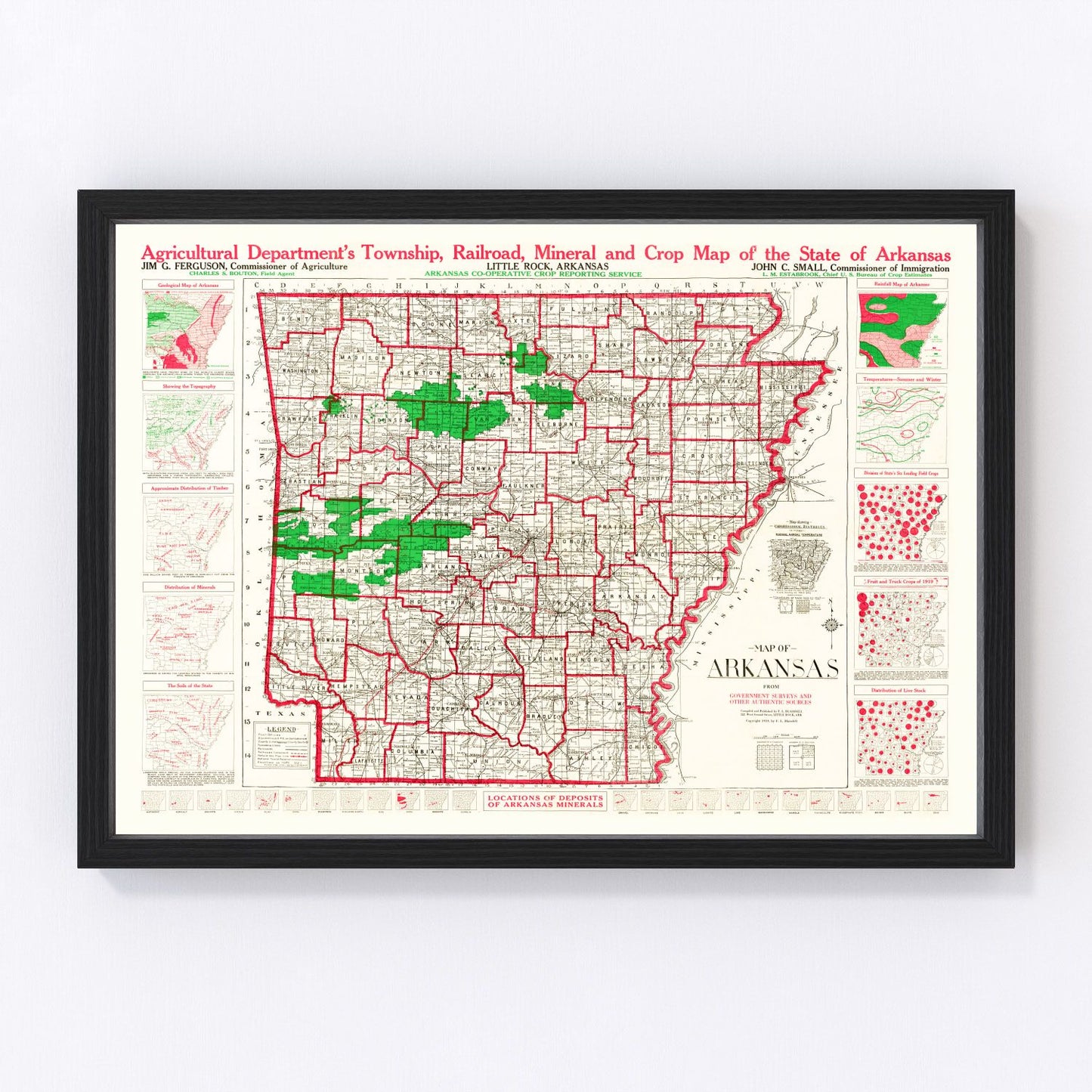 vintage map of Arkansas, 1919, WWI era
