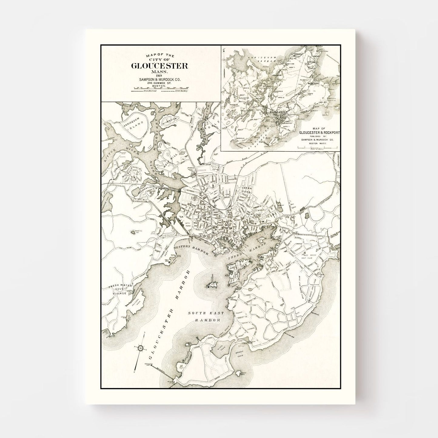 Vintage Map of Gloucester, Massachusetts, 1919