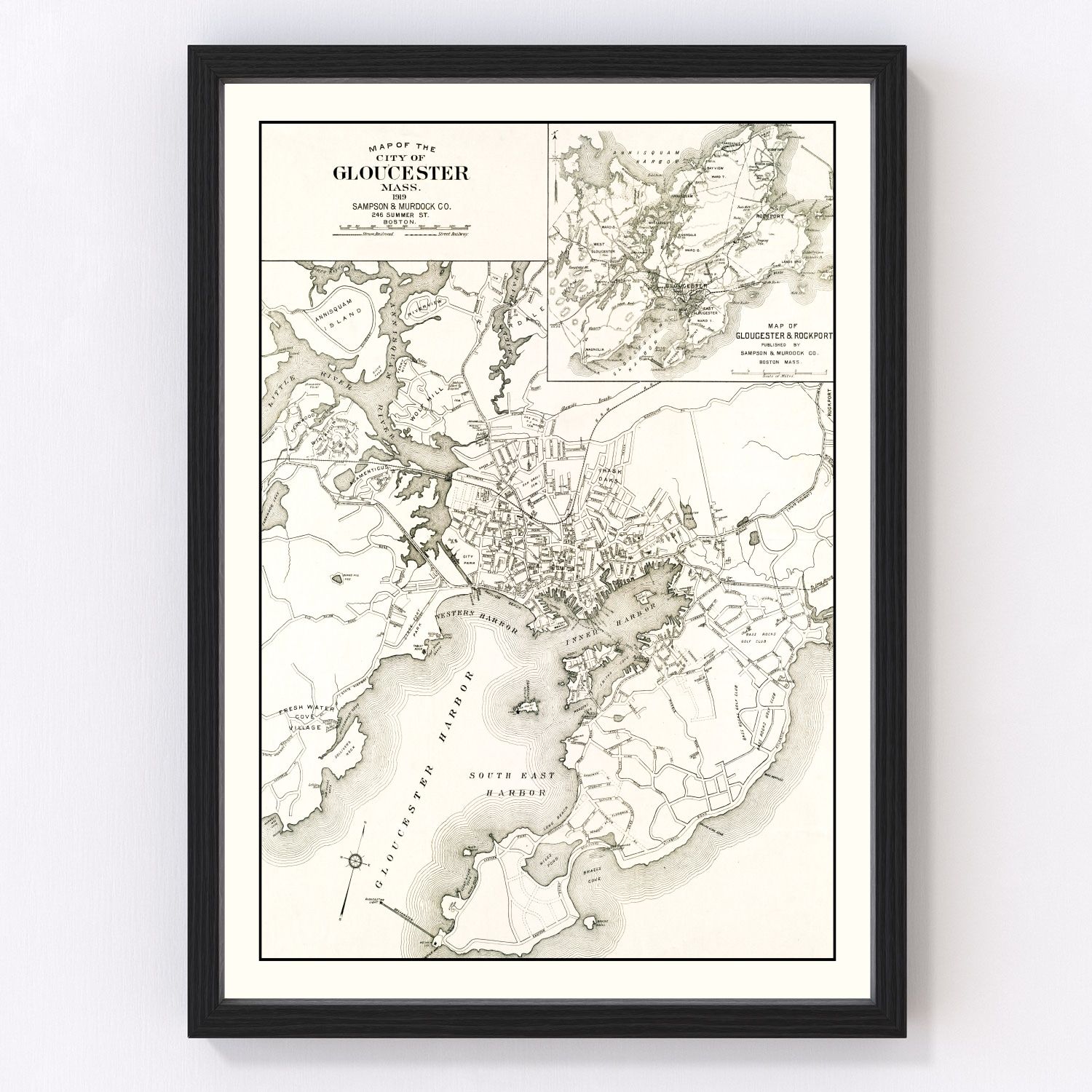 Vintage map of Gloucester, Massachusetts, 1919
