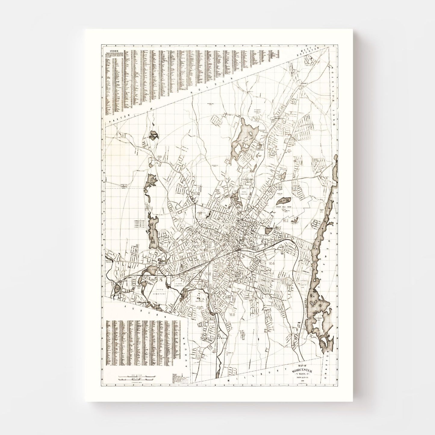 Vintage Map of Worcester, Massachusetts, 1919