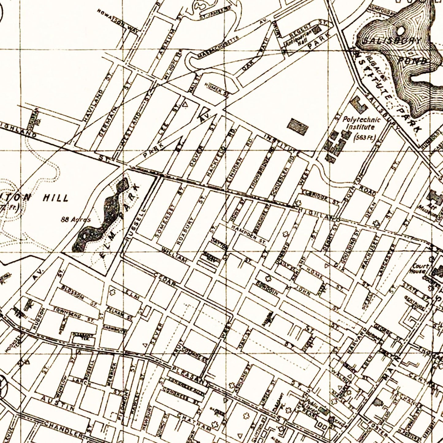 Vintage Map of Worcester, Massachusetts, 1919