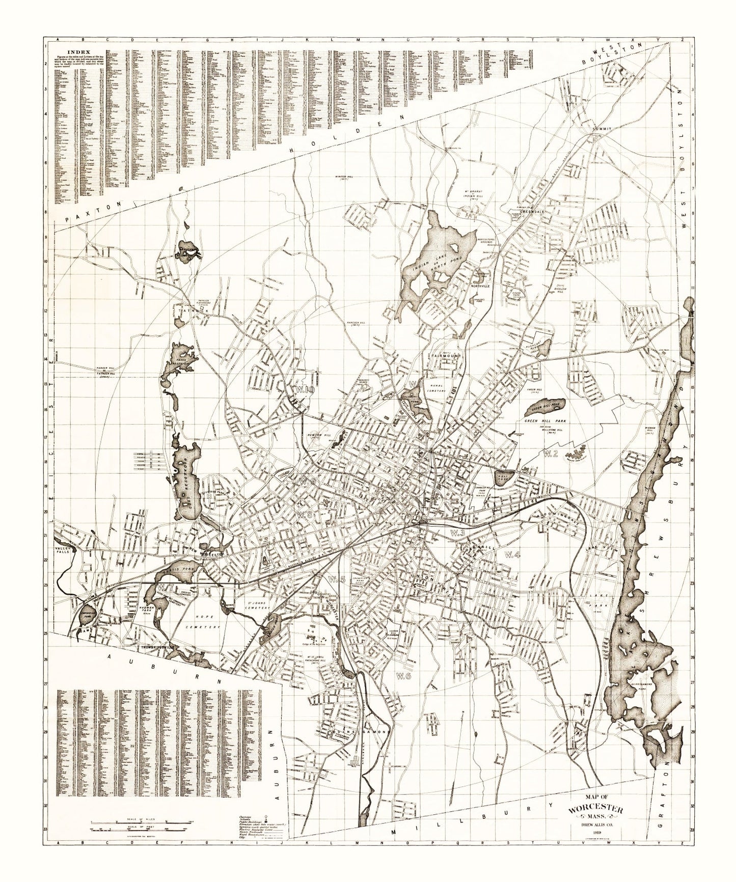 Vintage Map of Worcester, Massachusetts, 1919