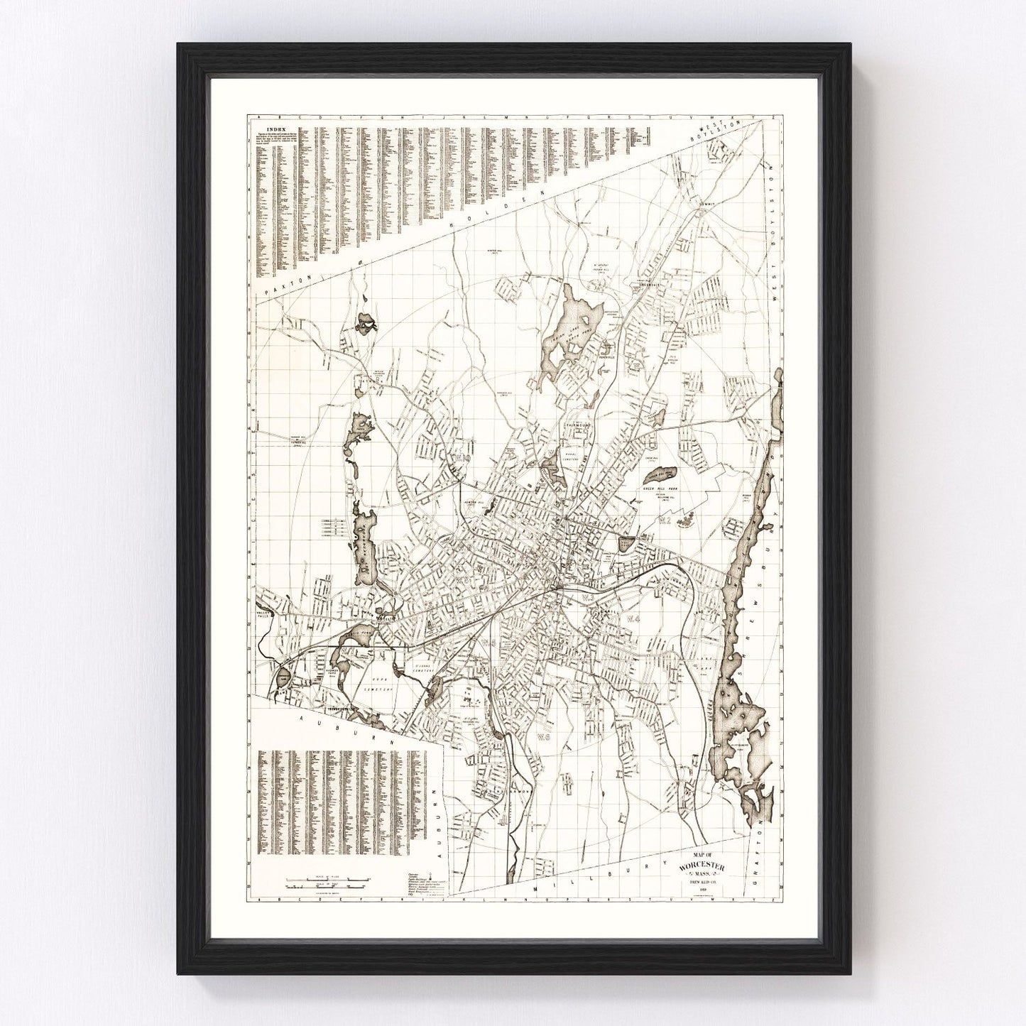 Vintage map of Worcester, Massachusetts, 1919, digitally restored