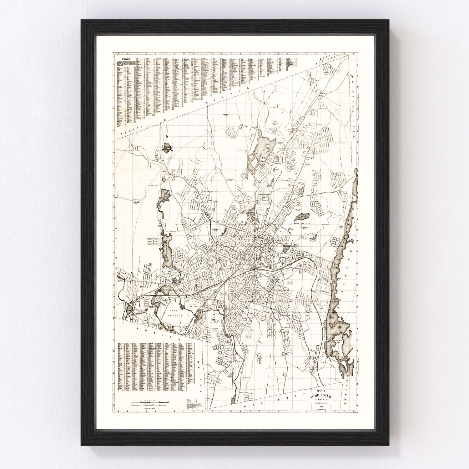 Vintage map of Worcester, Massachusetts, 1919, digitally restored
