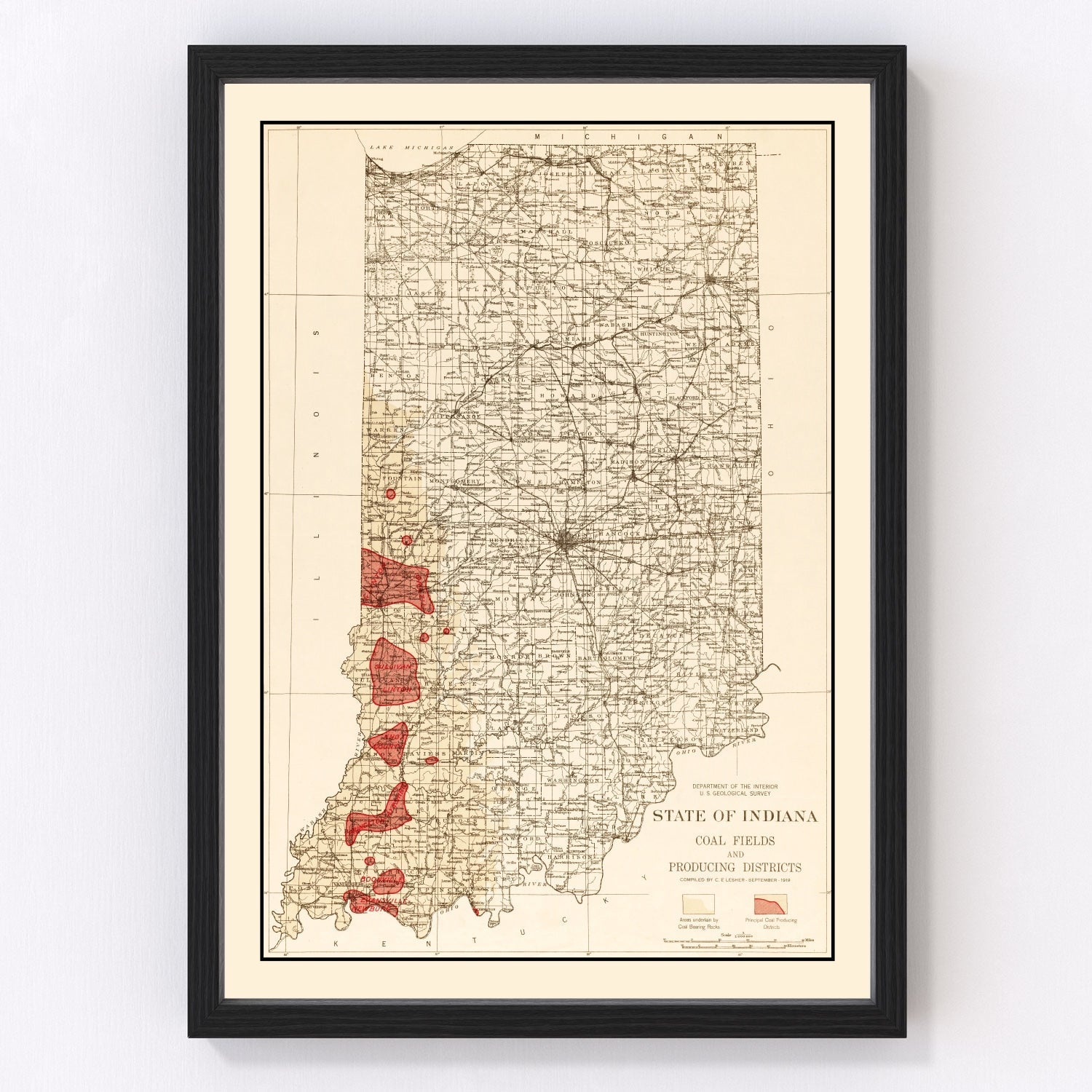 Vintage map of Indiana coal fields, 1919