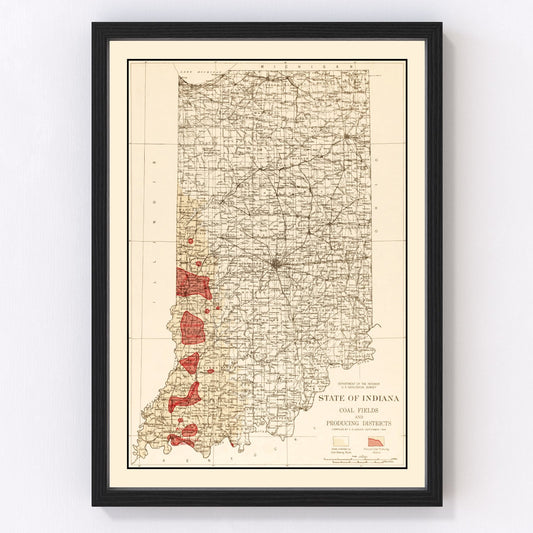 Vintage map of Indiana coal fields, 1919