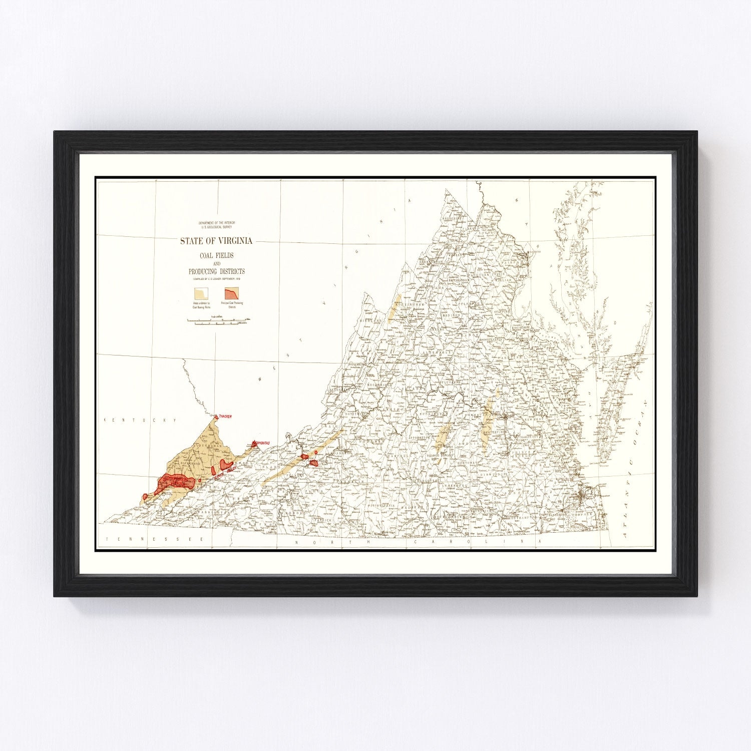 Vintage map of Virginia Coal Fields, 1919, digitally restored