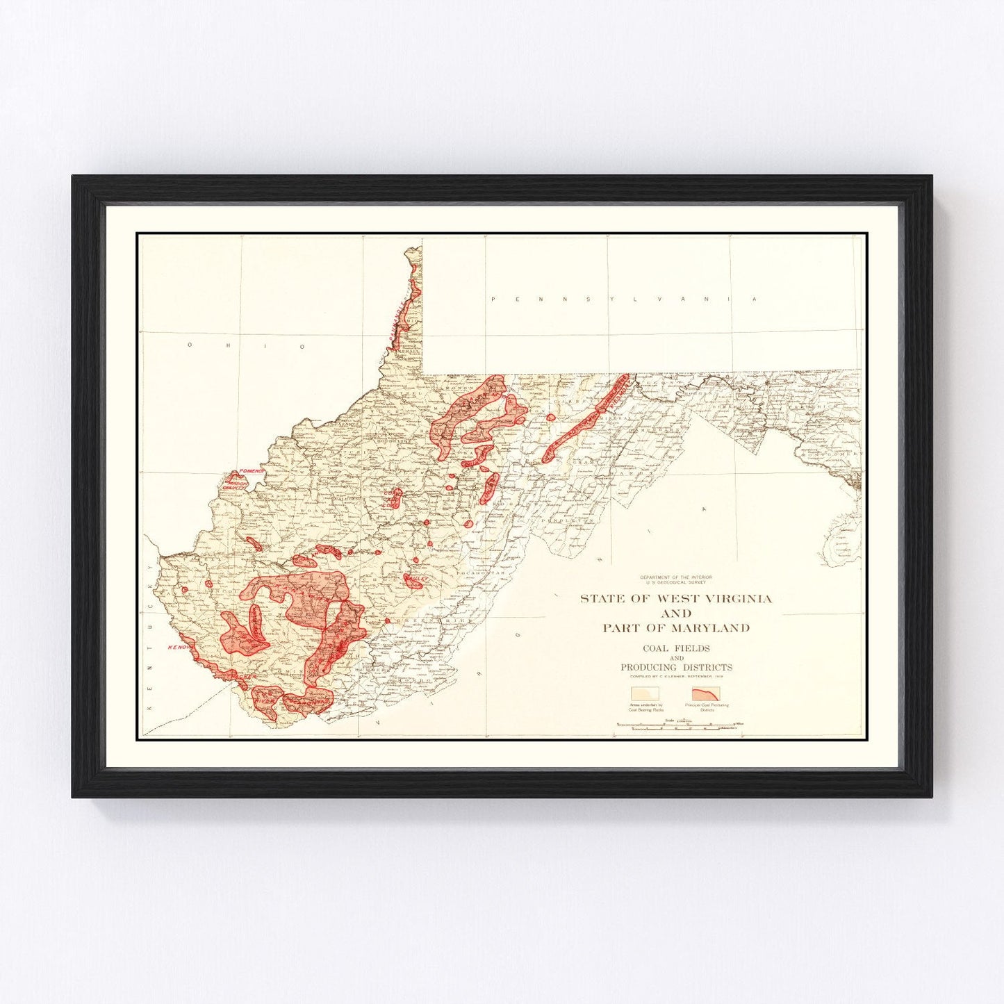 Vintage map of West Virginia coal fields, 1919 - industrial cartographic print
