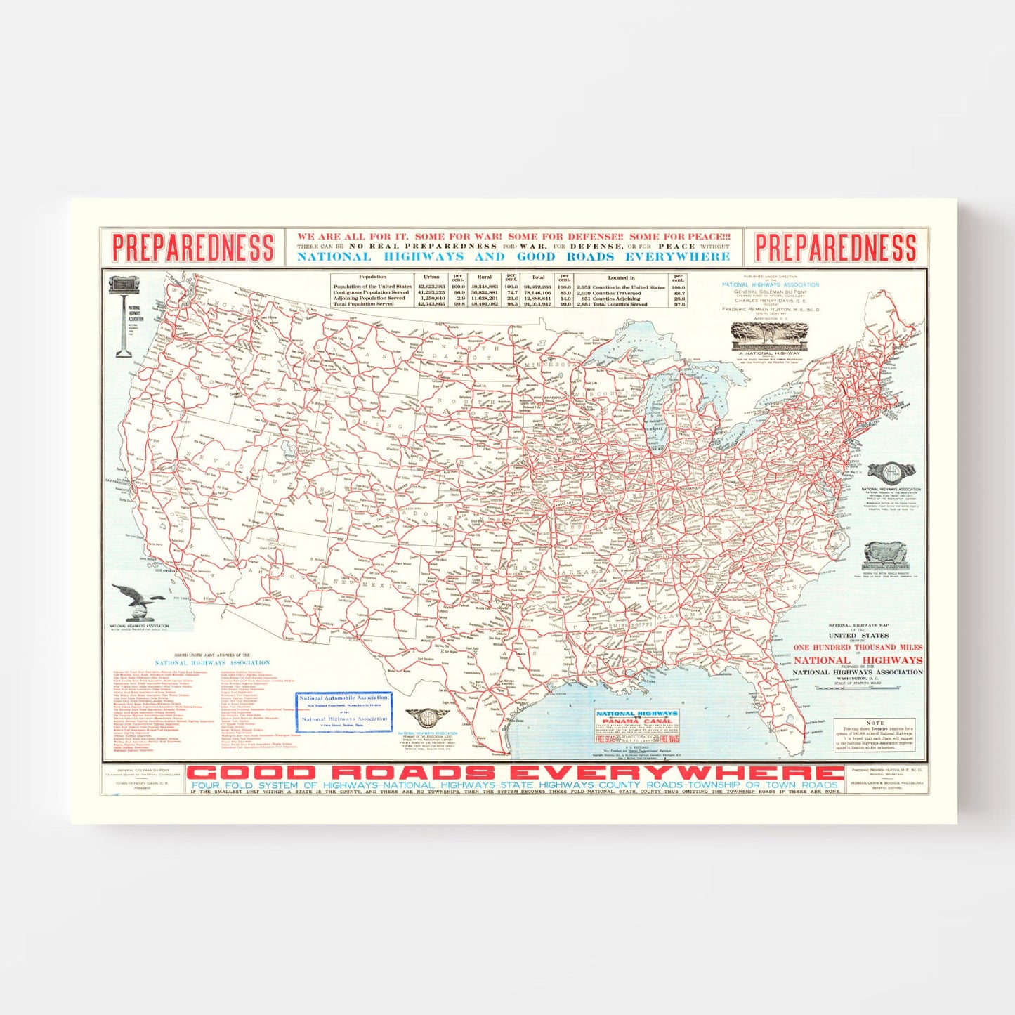 Vintage Highway Map of the United States 1915 Wall Art