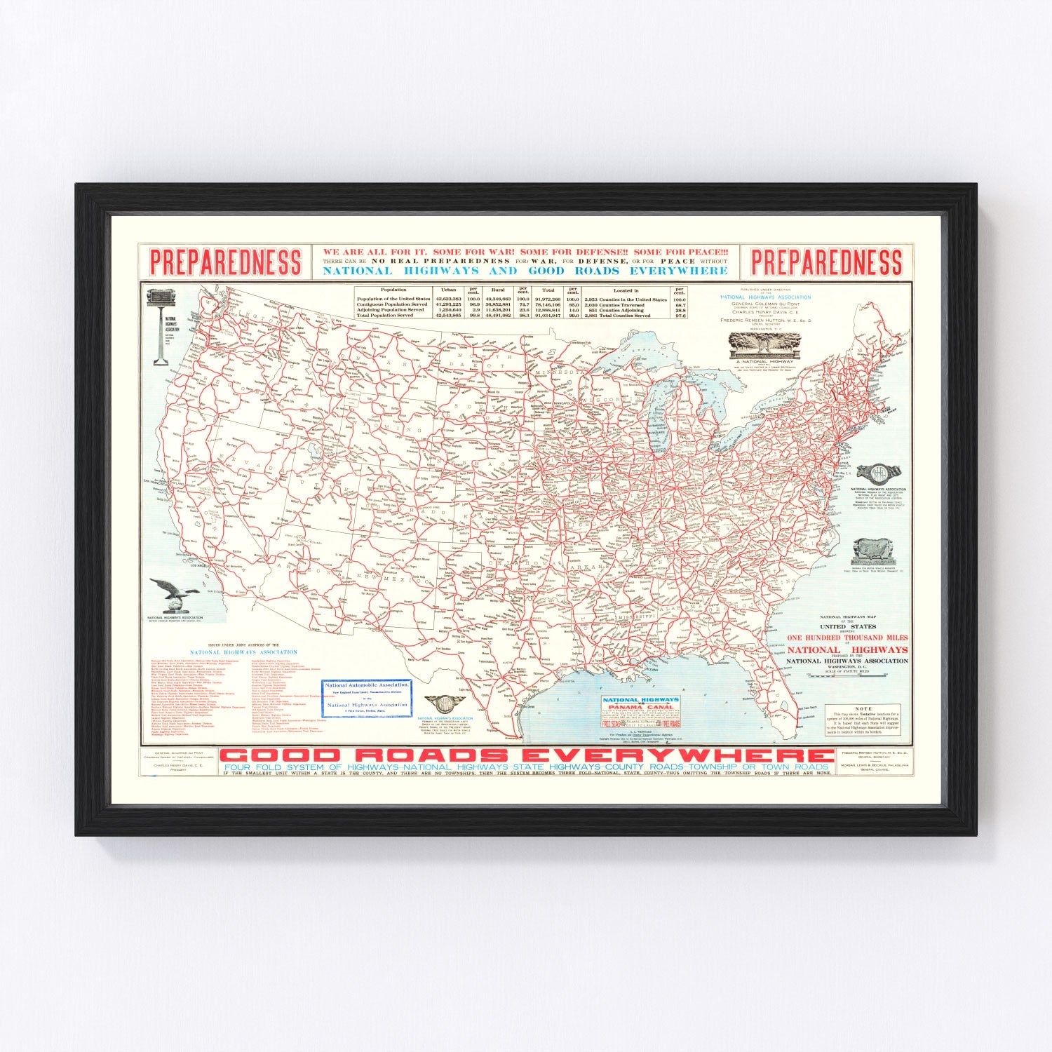Vintage highway map of the United States 1915, digitally restored road map print