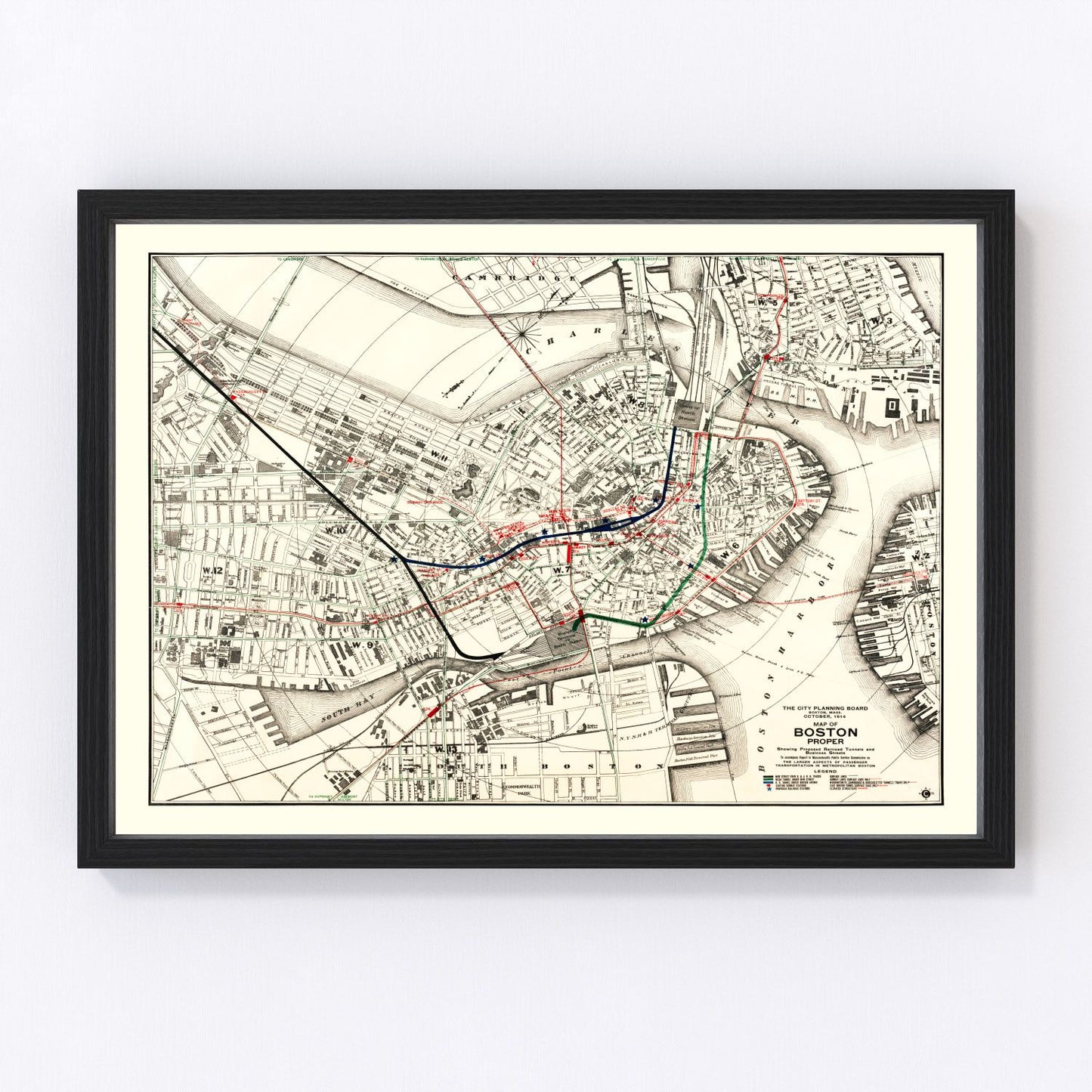 Vintage map of Boston Massachusetts 1914, digitally restored print