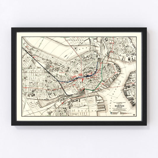Vintage map of Boston Massachusetts 1914, digitally restored print