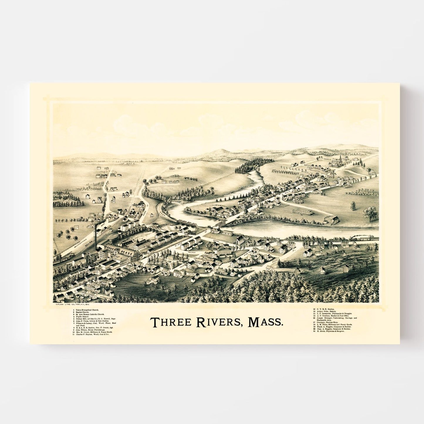 Vintage Map of Three Rivers, Massachusetts, 1893