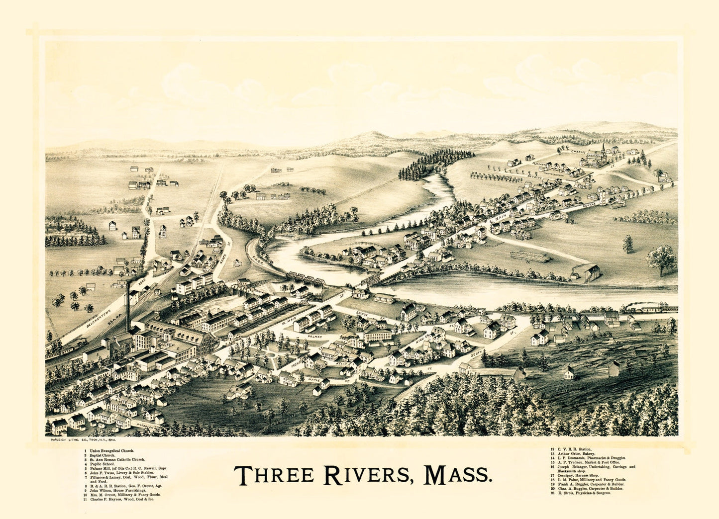 Vintage Map of Three Rivers, Massachusetts, 1893