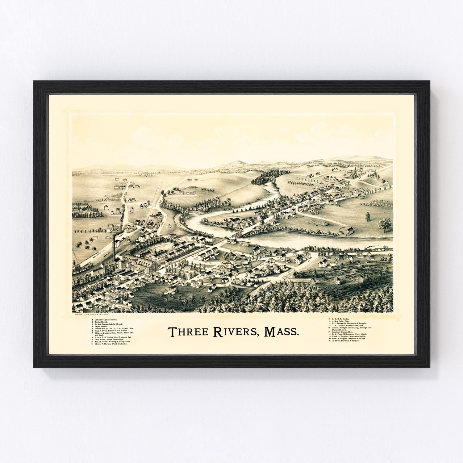 Vintage map of Three Rivers, Massachusetts, 1893