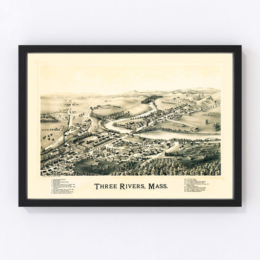 Vintage map of Three Rivers, Massachusetts, 1893