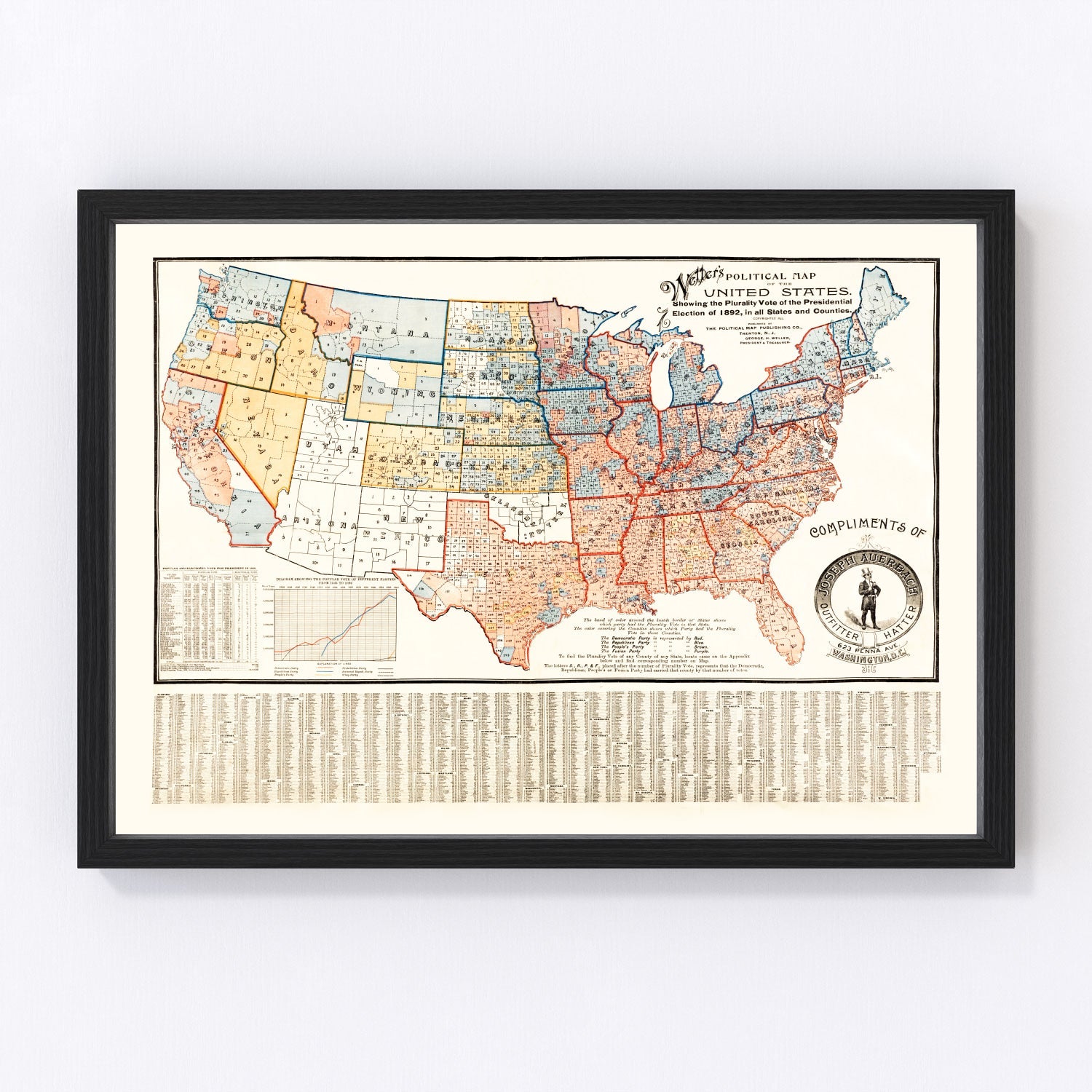 Vintage 1893 political map of the United States in Gilded Age style, restored cartographic print