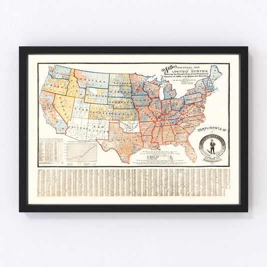 Vintage 1893 political map of the United States in Gilded Age style, restored cartographic print