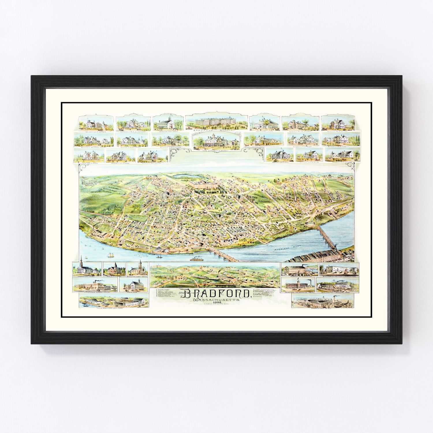 vintage map of Bradford Massachusetts, 1892, restored print wall art