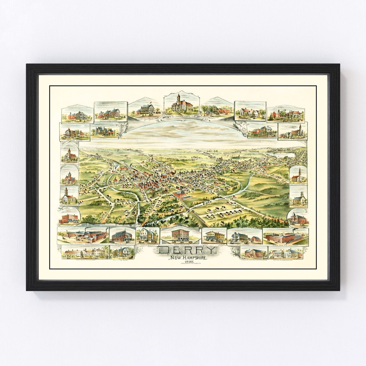 Vintage restored map of Derry, New Hampshire, 1898, Rockingham County cartography